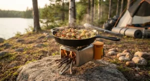 Cooking an evening meal in a camp pan on top of a BioLite campstove