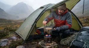 A mountaineer cooking a hot meal on a reliable multi-fuel stove for expedition camping, sheltered by a small tent flysheet in a Scottish Highland storm.