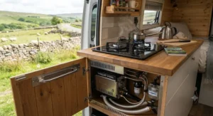 Compact diesel camping stove securely installed inside a converted campervan kitchen unit.