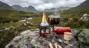 Multi-fuel diesel camping stove burning efficiently during an outdoor expedition in the UK.