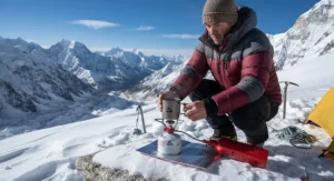 Snowy backdrop showing a hiker preparing a hot drink with a robust white gas stove at high altitude.