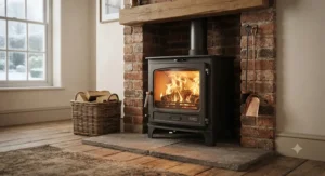 Eco-design ready budget multi-fuel stove glowing warmly during winter.