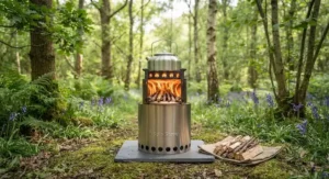 A smoke-free wood gasifier stove operating efficiently with dry biomass fuel in a woodland clearing