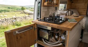 Integrated diesel camping stove and cabin heater unit operating inside a custom campervan build.