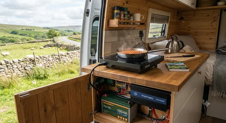 Electric camping stove plugged into a campervan leisure battery setup for van life in the UK.