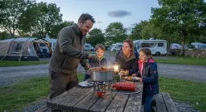 A family gathered around a sturdy petrol camping stove at a UK holiday park, cooking a hot meal on their camping pitch.