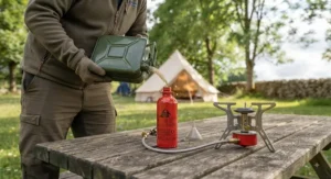 A camper carefully pouring liquid fuel into the red canister of a multi-fuel petrol camping stove on a wooden campsite table.