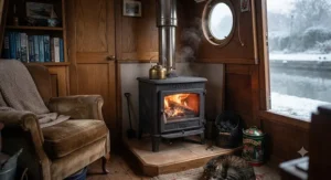 Heavy-duty multi-fuel stove for cold weather keeping a British narrowboat cabin warm and cosy