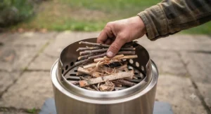 Close-up of small twigs and natural kindling being loaded into the top chamber of a wood gasifier stove