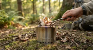 Lighting small twigs and natural kindling inside the Solo Stove Lite fire pit