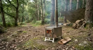 A lightweight folding wood burning stove assembled outdoors for wild camping and bushcraft.