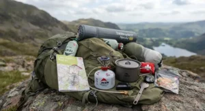 Essential backpacking gear featuring a portable white gas stove laid out on a rucksack.
