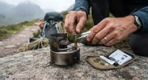 Close-up of hands performing routine maintenance on a multi-fuel stove for expedition camping during a long-distance trekking trip.
