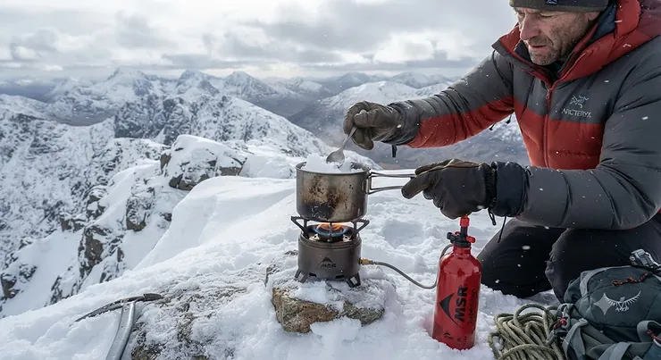 A robust multi-fuel stove for expedition camping being used to melt snow for water on a remote, snow-covered mountain ridge.