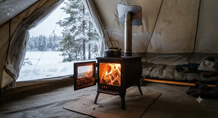 A multi-fuel stove for cold weather burning seasoned logs inside a winter camping tent