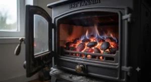 Close-up of a multi-fuel stove for cold weather burning authorised smokeless coal efficiently