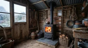 Cast iron multi-fuel stove for cold weather installed safely inside a traditional British garden shed