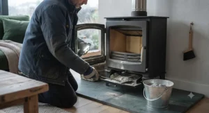Person cleaning out ash from a multi-fuel stove for cold weather during winter maintenance