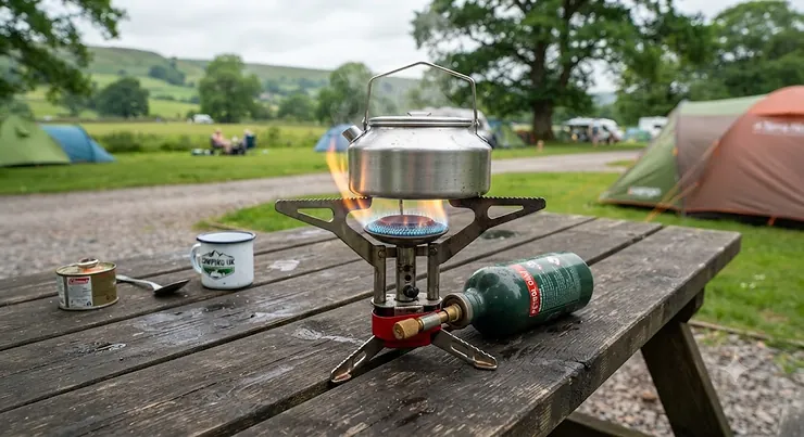 Compact petrol camping stove set up on a British campsite table, available for under £120.