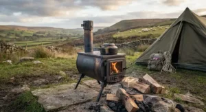 Portable multi-fuel stove set up for outdoor heating and camping in the UK countryside.