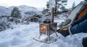 Portable multi-fuel stove for cold weather set up on snowy ground during a UK winter expedition