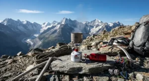 Professional mountaineering equipment featuring a reliable white gas stove suitable for high-altitude expeditions.