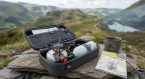 A portable white gas stove stored neatly in its protective carry case, ideal for weekend backpacking.