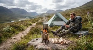 A portable wood gasifier stove set up for wild camping and backpacking across the British countryside