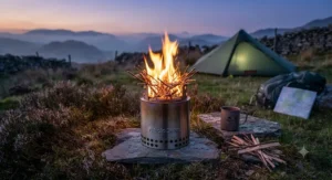 Solo Stove Lite burning brightly with clean flame at dusk during a camp