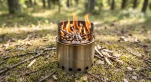 Solo Stove Lite burning dry twigs with secondary combustion flames
