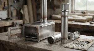 A stainless steel folding wood burner showing its interlocking flue pipe sections and spark arrestor.