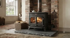 Traditional black cast iron multi-fuel stove positioned on a slate hearth.