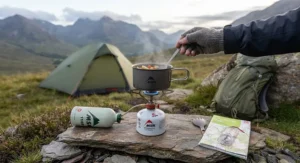 A camper using a white gas stove to prepare a hot meal while wild camping in the Scottish Highlands.