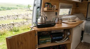 Well-organised campervan kitchen workspace featuring a sleek electric camping stove and wooden worktop.