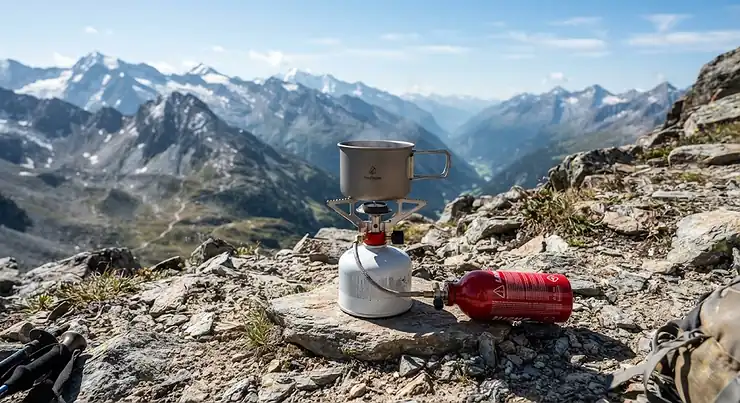 A compact white gas camping stove designed for high-altitude use standing on rocky terrain.