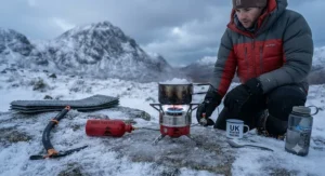 Diesel camping stove operating reliably in cold winter conditions on a UK mountain hike.