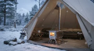 A winter camping setup featuring a warm folding wood burner glowing inside a shelter in the snow.