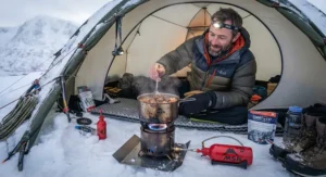 A climber using a powerful multi-fuel stove for expedition camping to cook dinner inside a winter-rated geodesic tent.