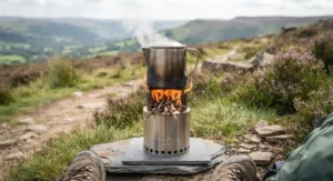 A stainless steel billy can boiling water on top of an active wood gasifier stove during a UK hiking trip