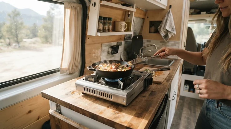 A compact 12V induction hob under £150 installed in a modern campervan kitchen counter, 12V induction hobs under £150