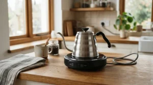 A compact 12V stove for motorhome being used to boil water in a kettle inside a campervan kitchen