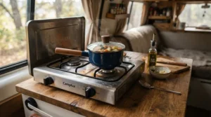 An overview of a 12V stove for motorhome installed securely on a small galley kitchen worktop