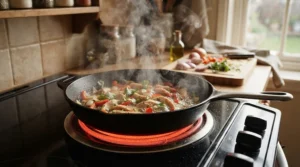 Frying breakfast ingredients on a fast-heating 12V stove for motorhome on a rainy morning