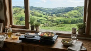 Using a portable 12V stove for motorhome while parked up at a scenic countryside campsite