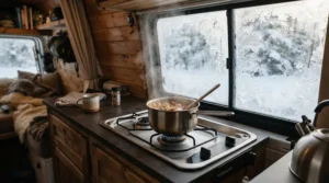A warm soup simmering on a 12V stove for motorhome during a chilly winter campervan holiday