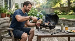 Using butane gas canisters under £8 to ignite a portable tabletop barbecue in a back garden.