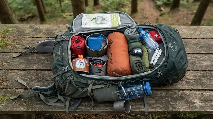 Packing gear efficiently with value camping gas canisters inside a hiking rucksack.