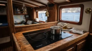A best value 12V induction hob operating on a narrowboat kitchen worktop