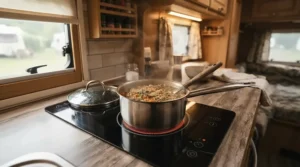 A budget 12V induction cooker being used to boil water in a caravan