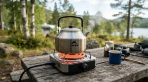 Budget electric camp stove under £80 heating a metal kettle at a campsite